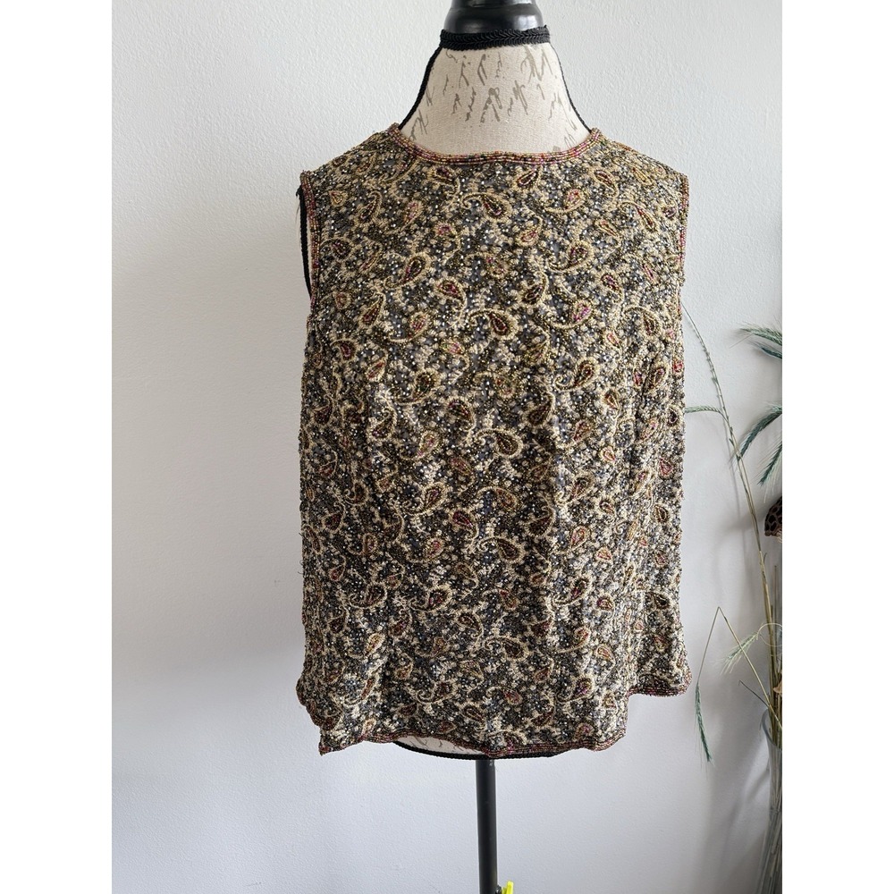Adrianna Papell Occasions Top Size 22‎ Silk Beaded Gold Paisley Blouse Formal